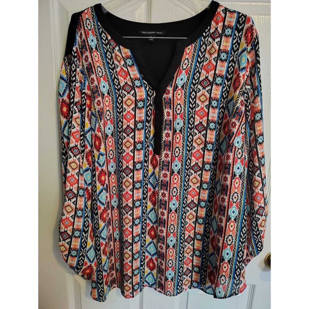 Zac & Rachel Women’s Plus 3X Multicolor Geometric V-Neck Long Sleeve Blouse
